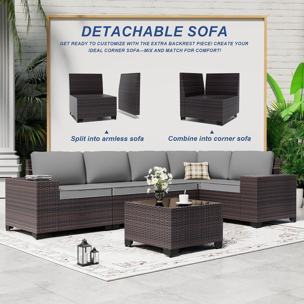 Outdoor Patio Furniture Set, 6 Pieces Outdoor Sectional Furniture High Backrest Patio Sofa, All-Weather PE Rattan Patio Conversation Set with Coffee Table & Cushions