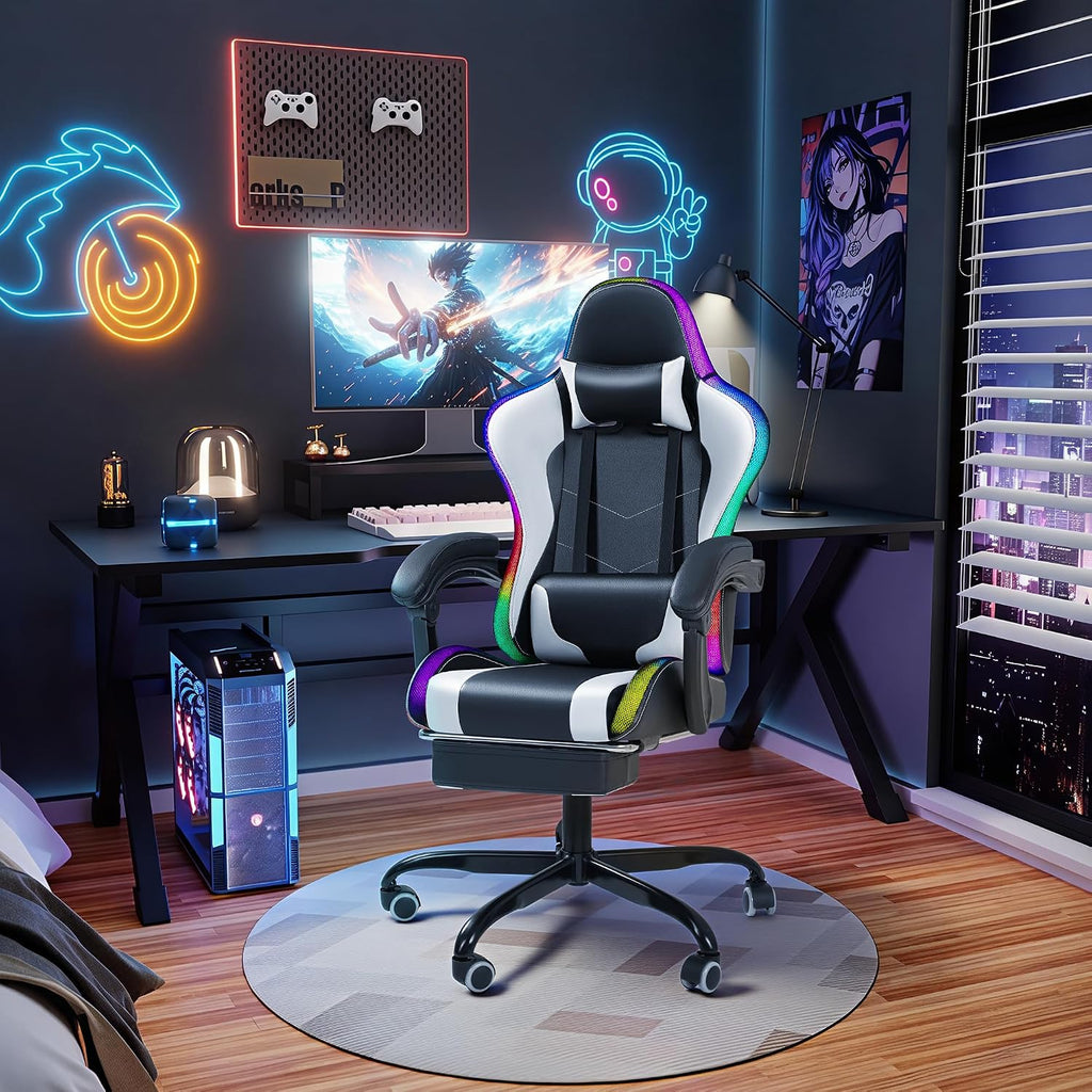 Gaming Chair with RGB, Computer Gaming Chairs with LED Lights and Footrest for Home, Office, White and Black