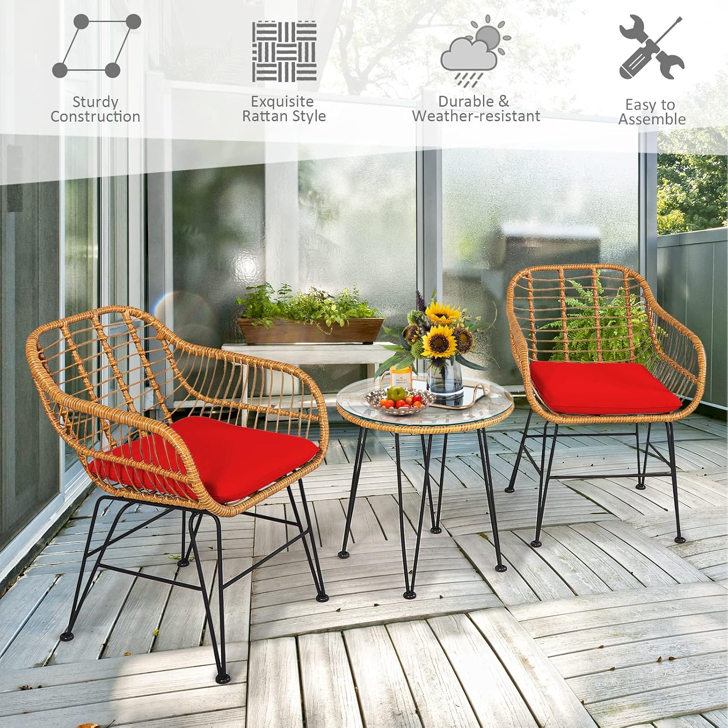 Tangkula 3 Pieces Patio Bistro Set, Rattan Conversation Set with 2 Cushioned Armchairs & Round Glass Coffee Table, Indoor Outdoor Wicker Furniture Set for Balcony, Backyard, Garden, Poolside