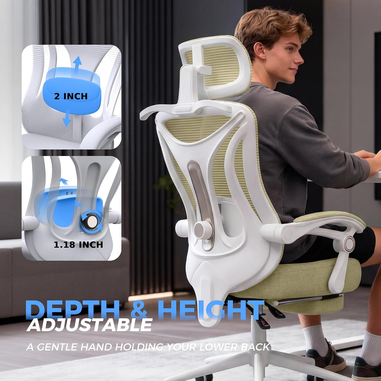 Ergonomic Office Chair with Footrest - Adjustable Lumbar Support & Headrest, 90-160° Reclining Mesh Back Computer Chair - Home Office/Gaming, 350lbs Capacity