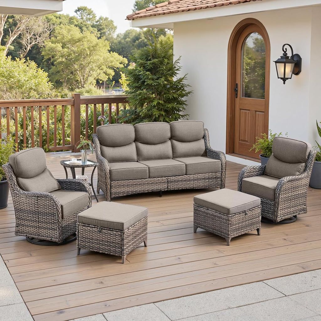 Belord Luxury 6' Thick Cushioned 6 Pieces Patio Furniture Set with Outdoor Couch, Wicker Outdoor Conversation Set with High Back Swivel Rocker Chairs for Deck Porch Yard and Poolside - Grey+Grey