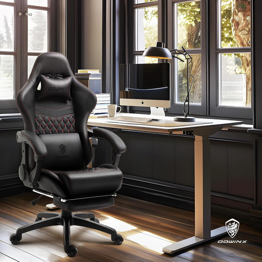 Dowinx Big & Tall Vintage Gaming Chair for Adults, 400 lb Capacity Heavy Duty Ergonomic Computer Chair with Massage Lumbar, Footrest & Easy Side Recline, Black