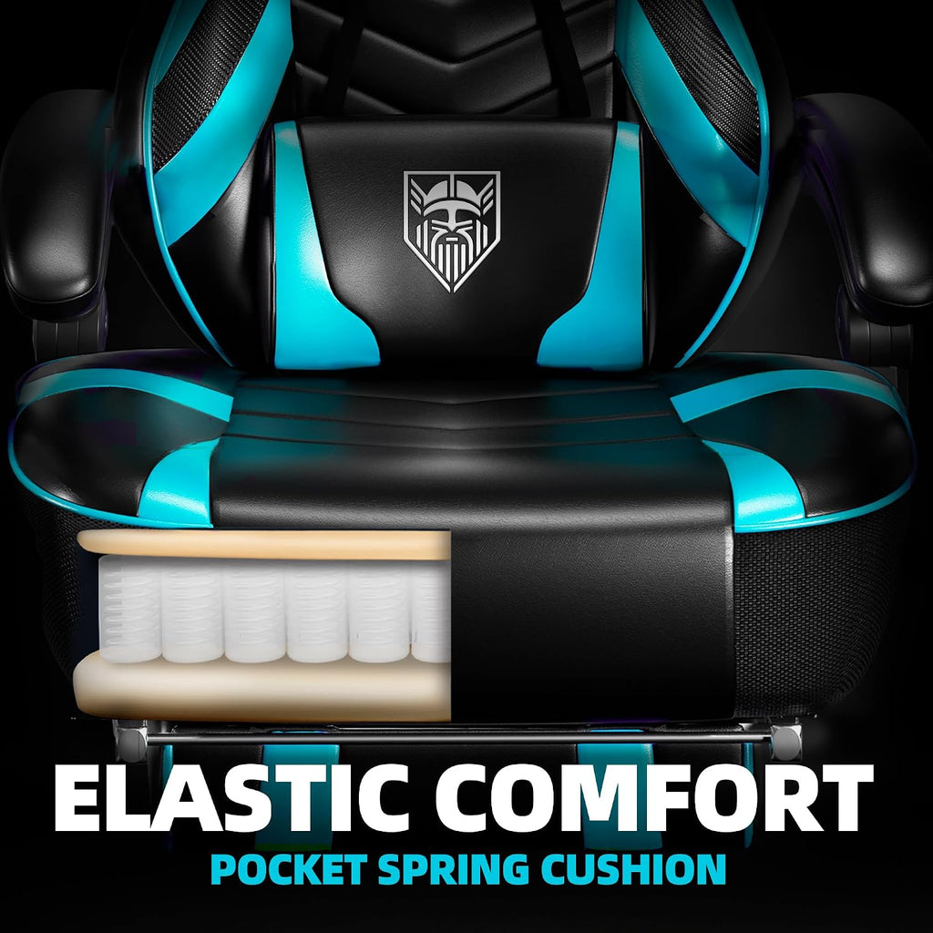 Vonesse Gaming Chair, Big and Tall Gaming Chair with Footrest and Massage, Gaming Chairs for Adults with Lumbar Support, Ergonomic High Back Computer Chair with Pocket Spring Cushion (Cyan/Black)