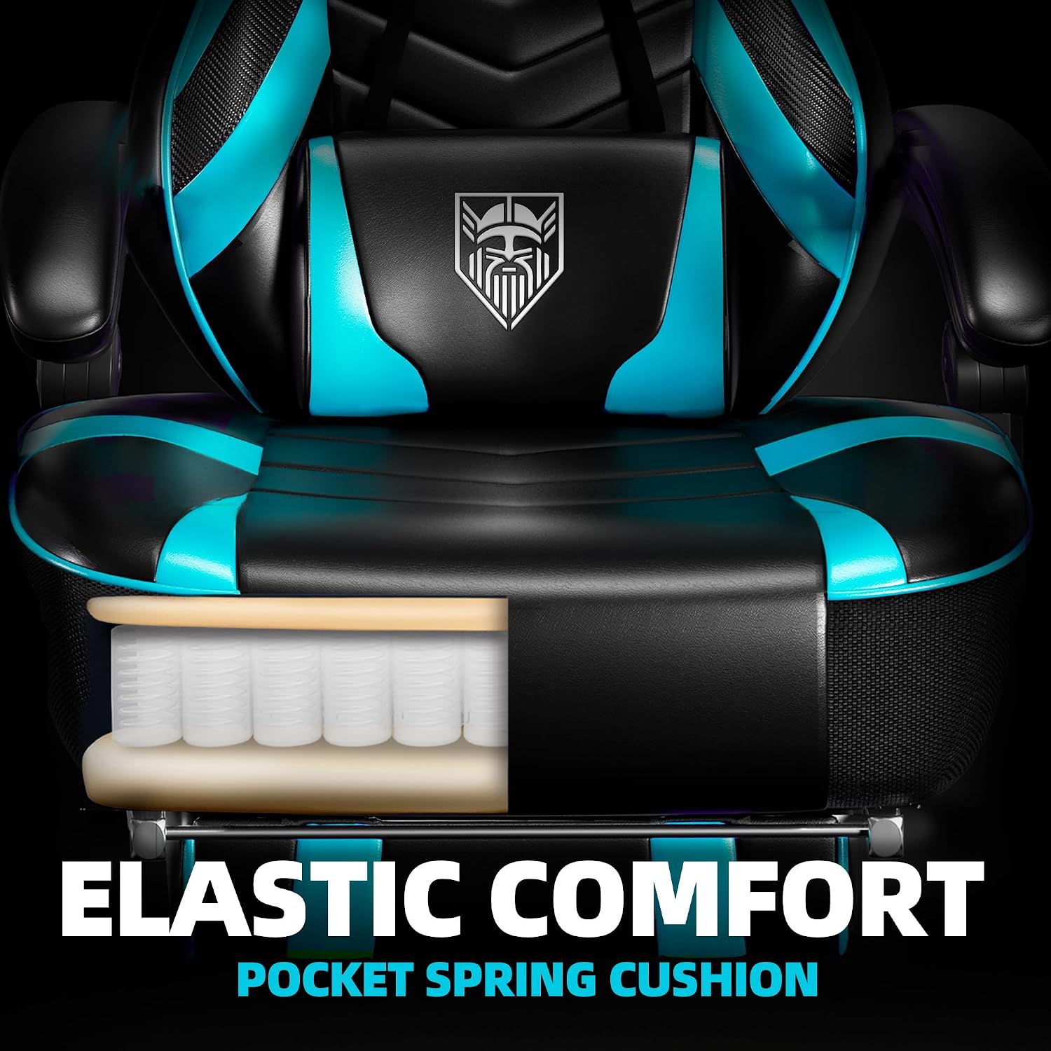 Vonesse Gaming Chair, Big and Tall Gaming Chair with Footrest and Massage, Gaming Chairs for Adults with Lumbar Support, Ergonomic High Back Computer Chair with Pocket Spring Cushion (Cyan/Black)