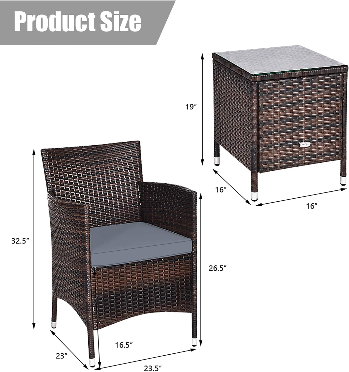 DORTALA Wicker Patio Furniture Set 3 Piece, Small Outdoor Table & Chairs Set with Cushions, All-Weather Rattan Conversation Bistro Set for Balcony, Porch, Backyard, Deck, Grey