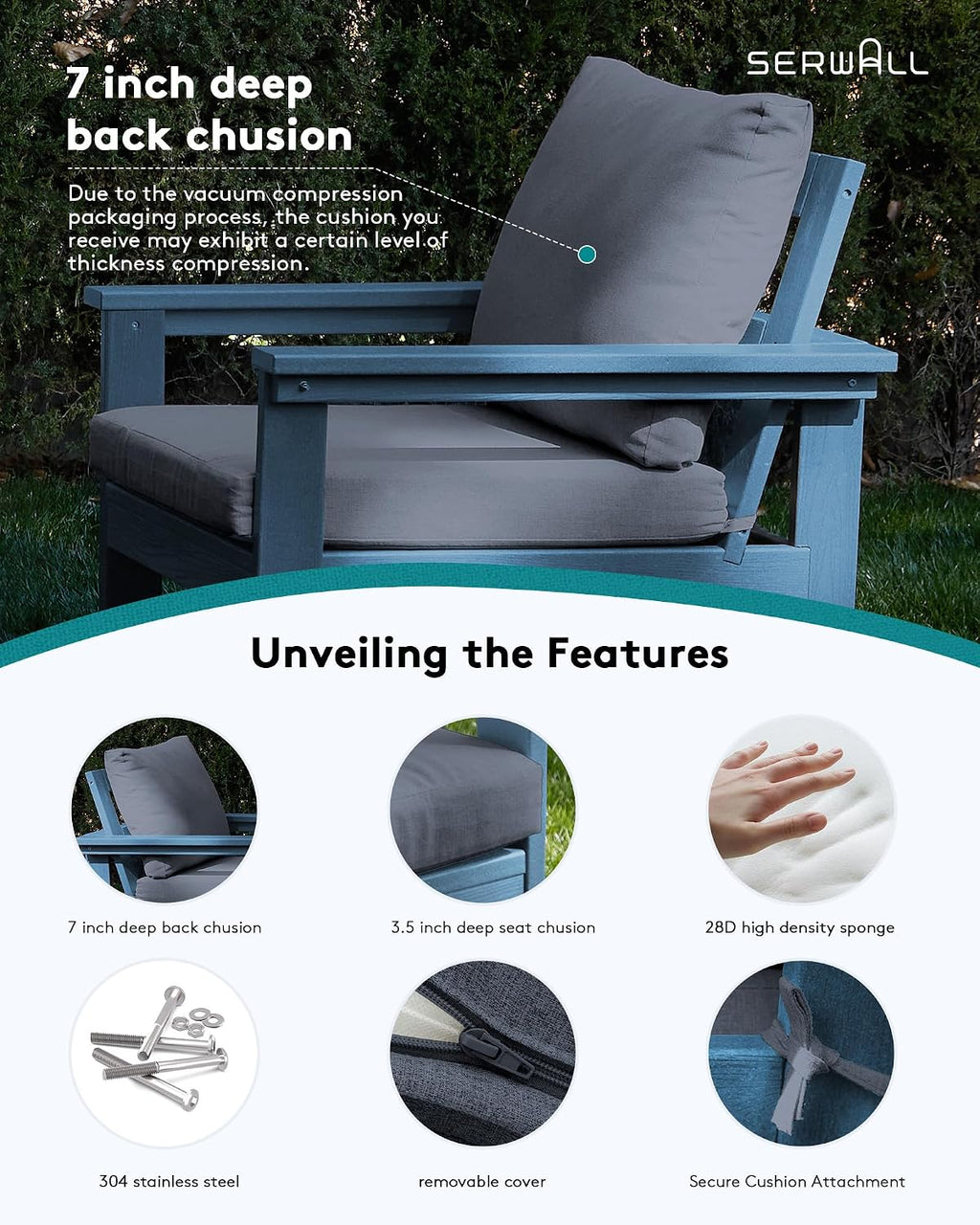 SERWALL HDPE Patio Sofa Set, 3-piece Sectional Outdoor Furniture Set, All Weather Outdoor Couch Set Patio Furniture Set for Deck, Lawn, Blue Frame with Grey Cushion