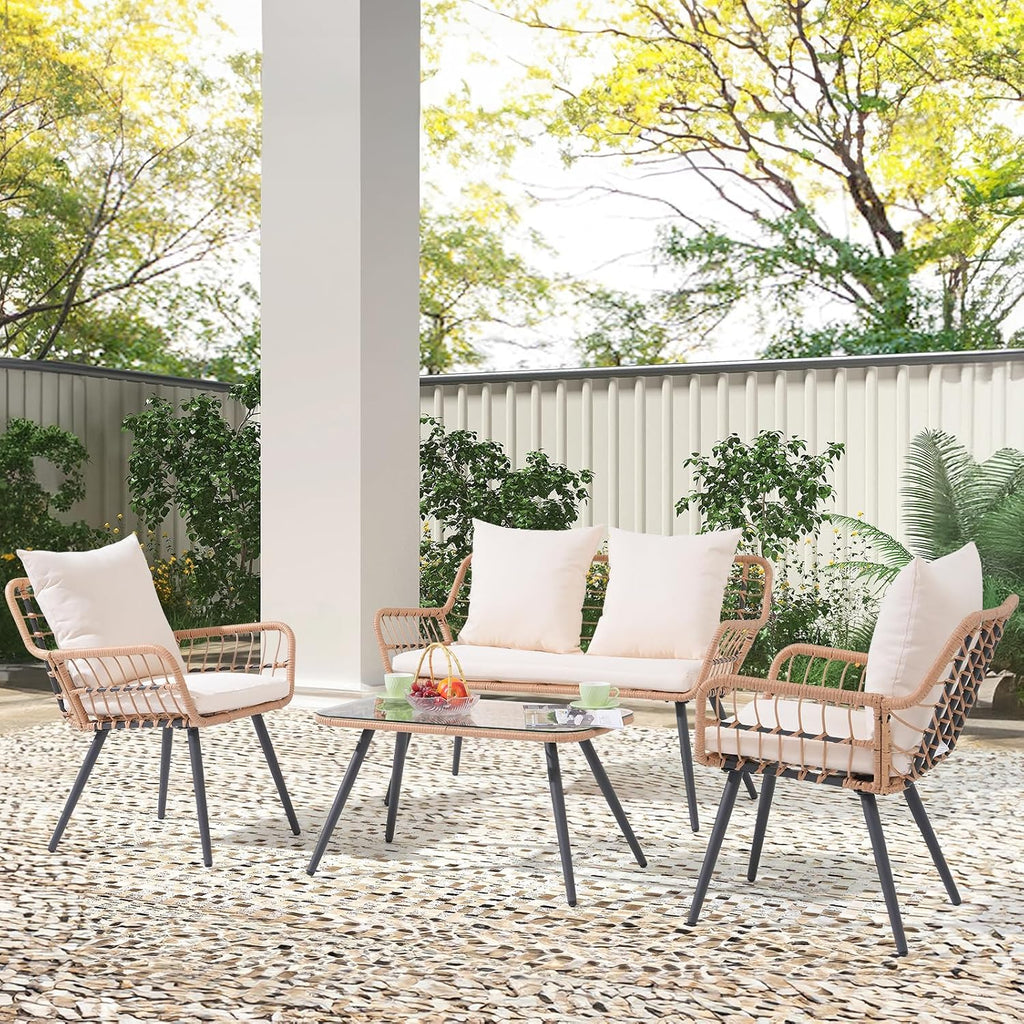 Verano Garden 4 Pieces Patio Furniture Set, Outdoor Wicker Patio Conversation Set for Porch Deck, Boho Loveseat & 2 Armchairs with Cushion and Pillow, Tempered Glass Table