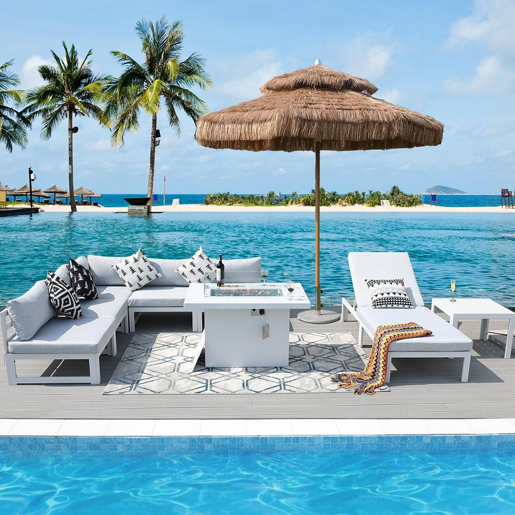 RADIATA 8 Pcs Modern Aluminum Patio Furniture Set, 500 lbs Heavy Duty Outdoor Sectional Sofa with Lounge & Fire Pit Table, 29 inch Deep Wide Seating, Comfy Conversation Couch for Backyard Deck, White