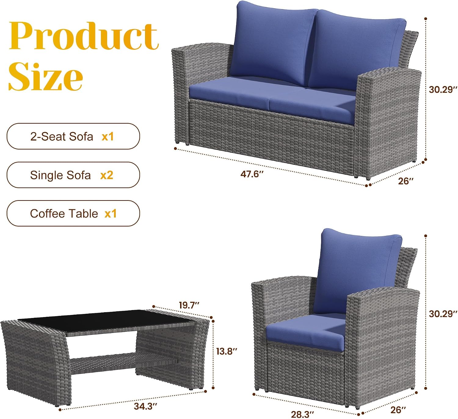 FansaFurn 4-Piece Outdoor Patio Furniture Set, All Weather Wicker Rattan Sectional Sofa Conversation Seating Set with Cushions & Large Glass Coffee Table, Ideal for Garden Backyard Porch, Blue