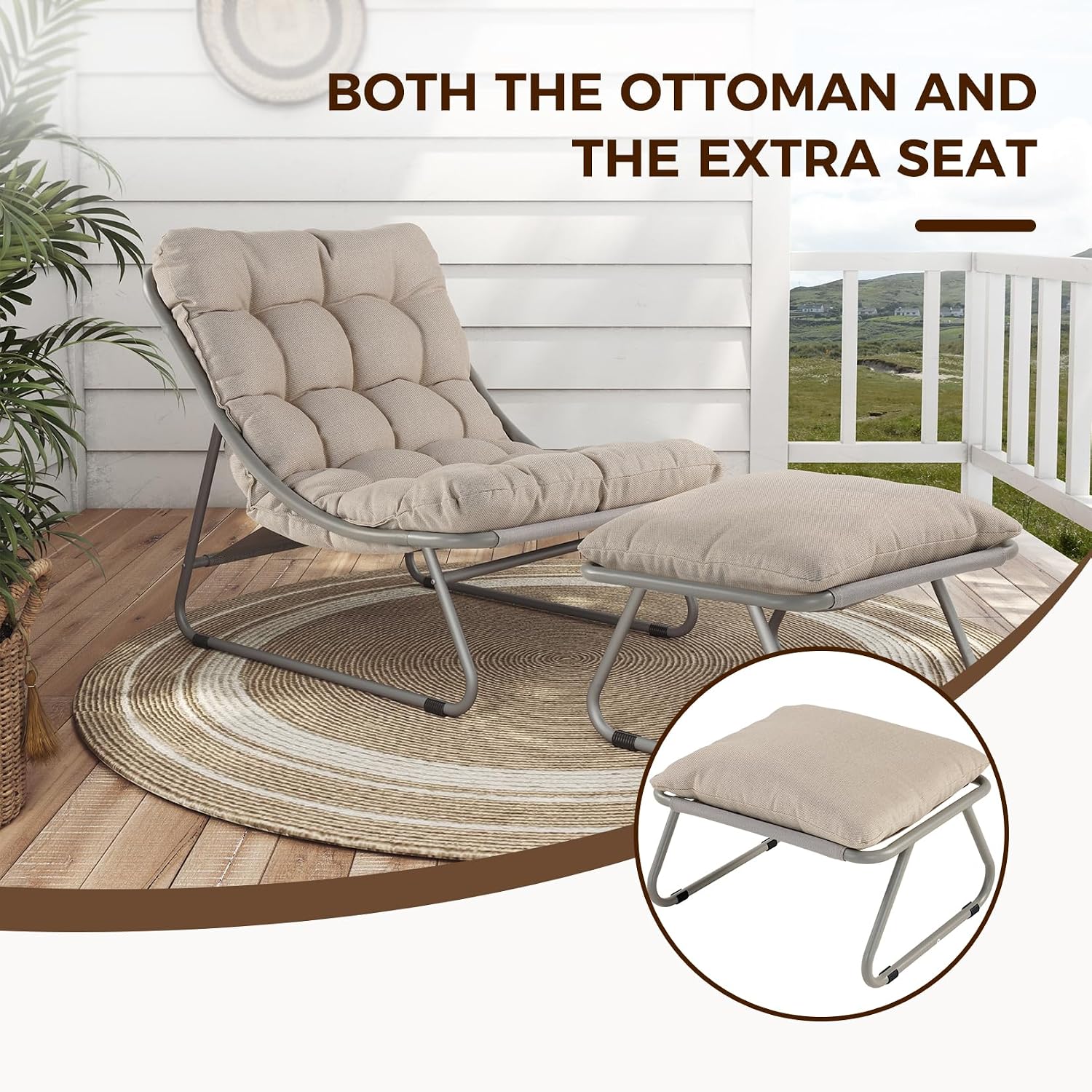 Grand patio Outdoor Lounge Chair with Foot Stool, Comfy Sling Recliner Chair with Puffy Cushion and Foot Rest, Modern Patio Furniture Set for Porch Deck Garden, Champagne Gray