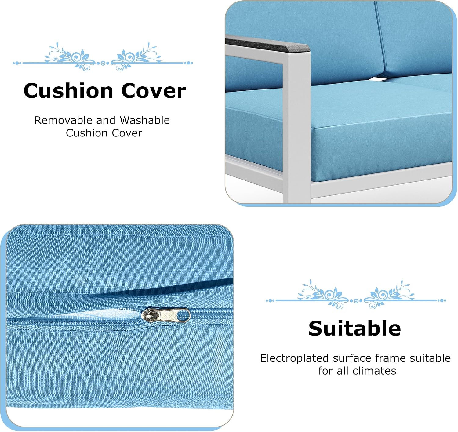 4-Piece Outdoor Patio Furniture Set, Metal Conversation Sofa Set with Deep Cushions & Wood-Like Armrests, Modern Patio Seating with Coffee Table for Garden, Porch, Balcony, Backyard (White)
