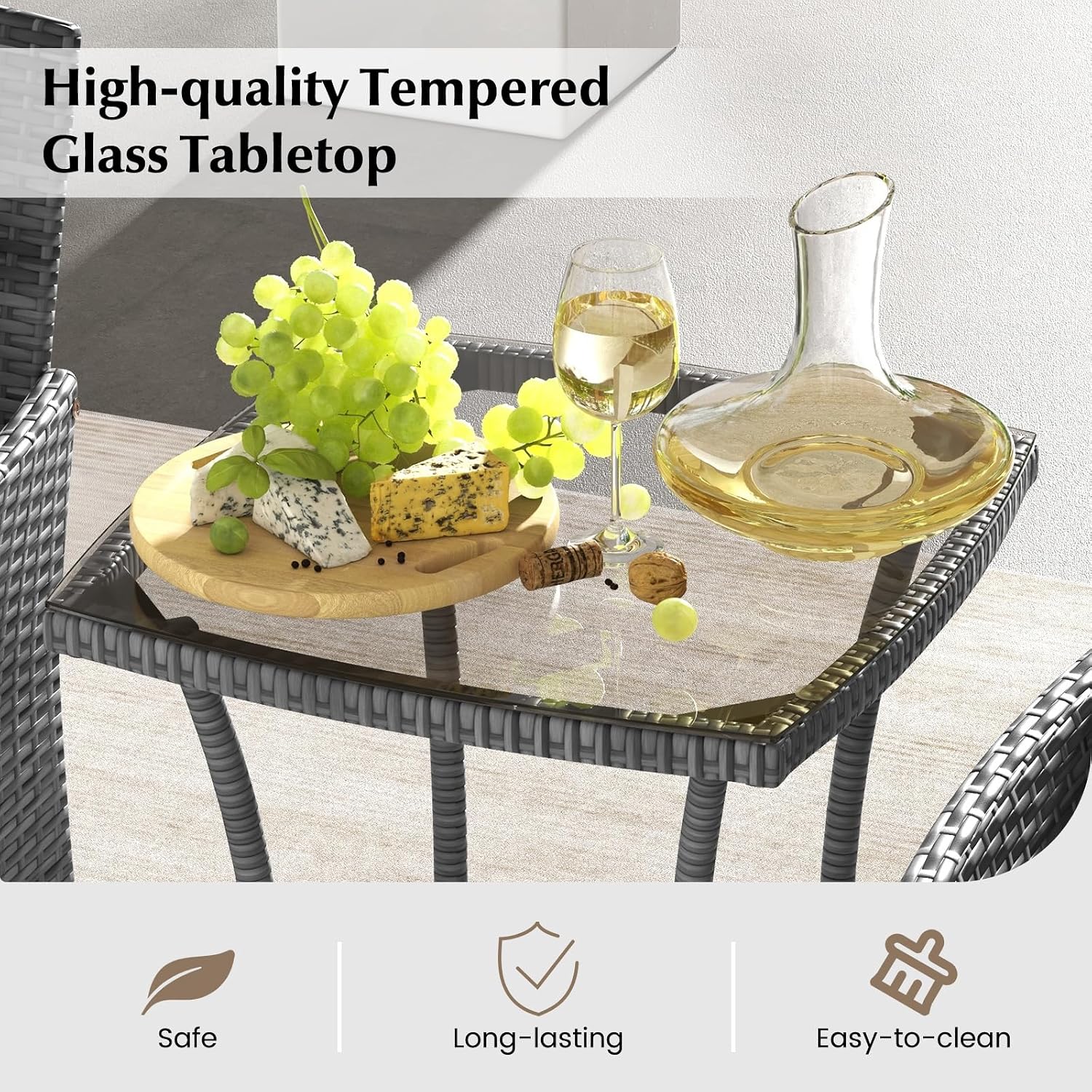 Tangkula 3-Piece Patio Furniture Set, PE Wicker Conversation Bistro Set w/A Tempered Glass Table & 2 Cushioned Chairs, Outdoor Table & Chairs Set for Patio Porch Yard Garden (Mix Gray+Off White)