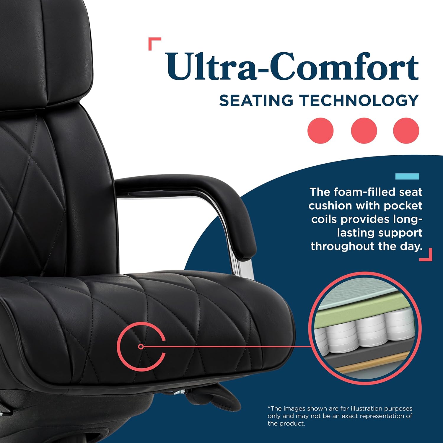 La-Z-Boy Symphony Executive Mid-Back Office Chair, Diamond Quilt Seat and Back, Pocket Coil Cushion, Padded Armrests, Ergonomic Computer DeskChair, Swivel Metal Base, Bonded Leather, Black/Chrome