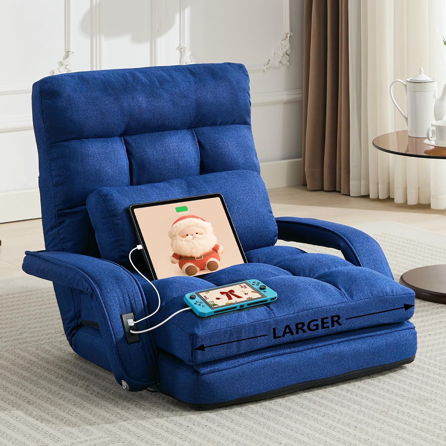 STHOUYN Comfy Bedroom Chair with 2 USB Charging Ports, 5-Position Floor Couch Gaming Chairs for Adults, Lounge Chair Indoor Folding Lazy Sofa Meditation Arm Dorm Chair Living Room (Navy Blue)