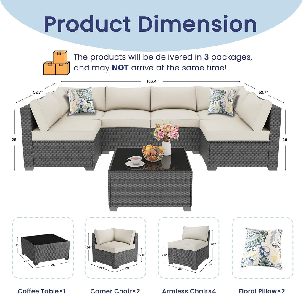 Outdoor Patio Furniture Set with 28'' Fire Pit Table, 8 Pcs Outdoor Patio Furniture Conversation Sets with 4in Thicken Cushion, Wicker Outdoor Sectional for Backyard, Garden, Balcony,Deck,Coffee/Beige
