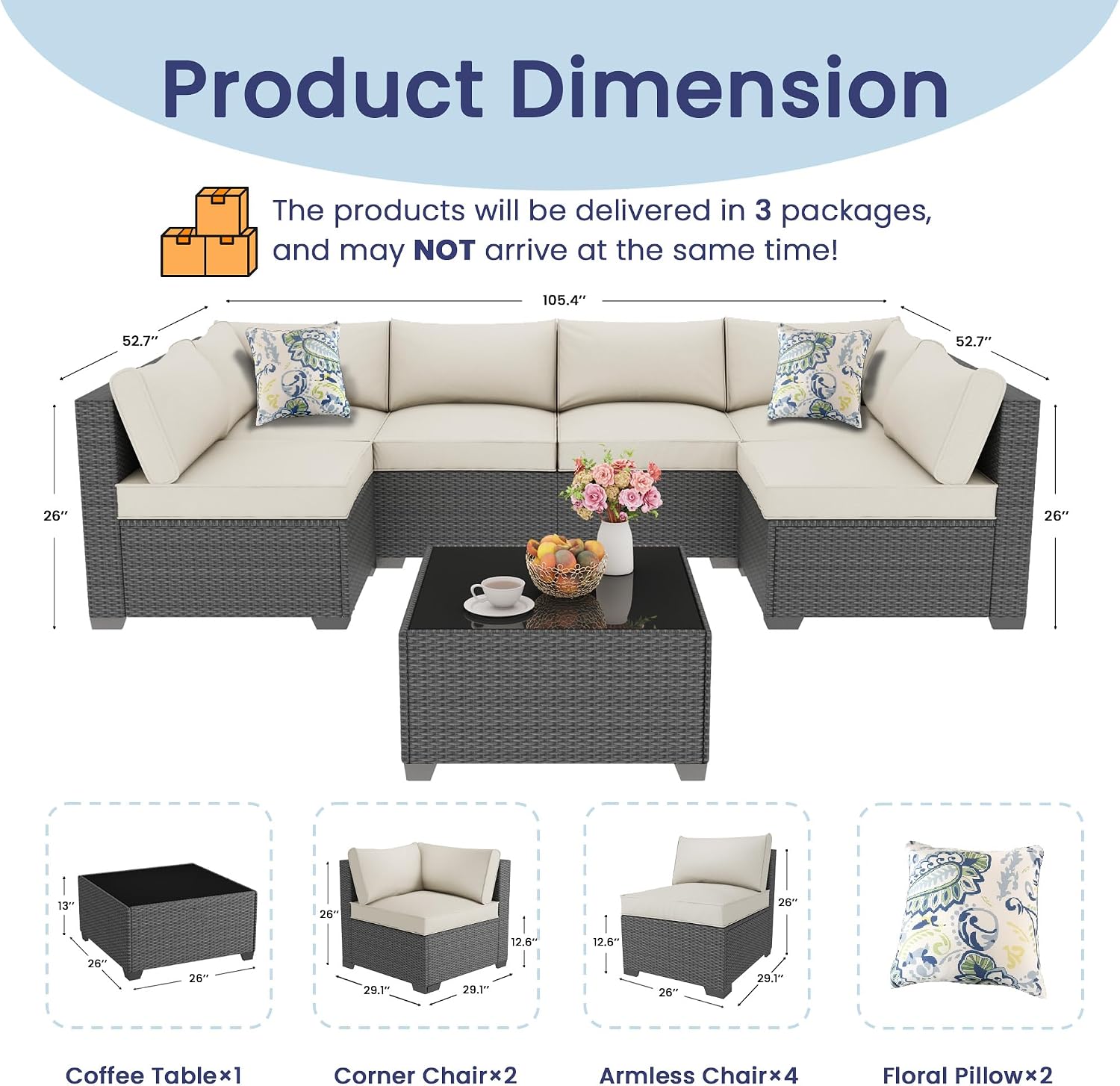Outdoor Patio Furniture Set with 28'' Fire Pit Table, 8 Pcs Outdoor Patio Furniture Conversation Sets with 4in Thicken Cushion, Wicker Outdoor Sectional for Backyard, Garden, Balcony,Deck,Coffee/Beige