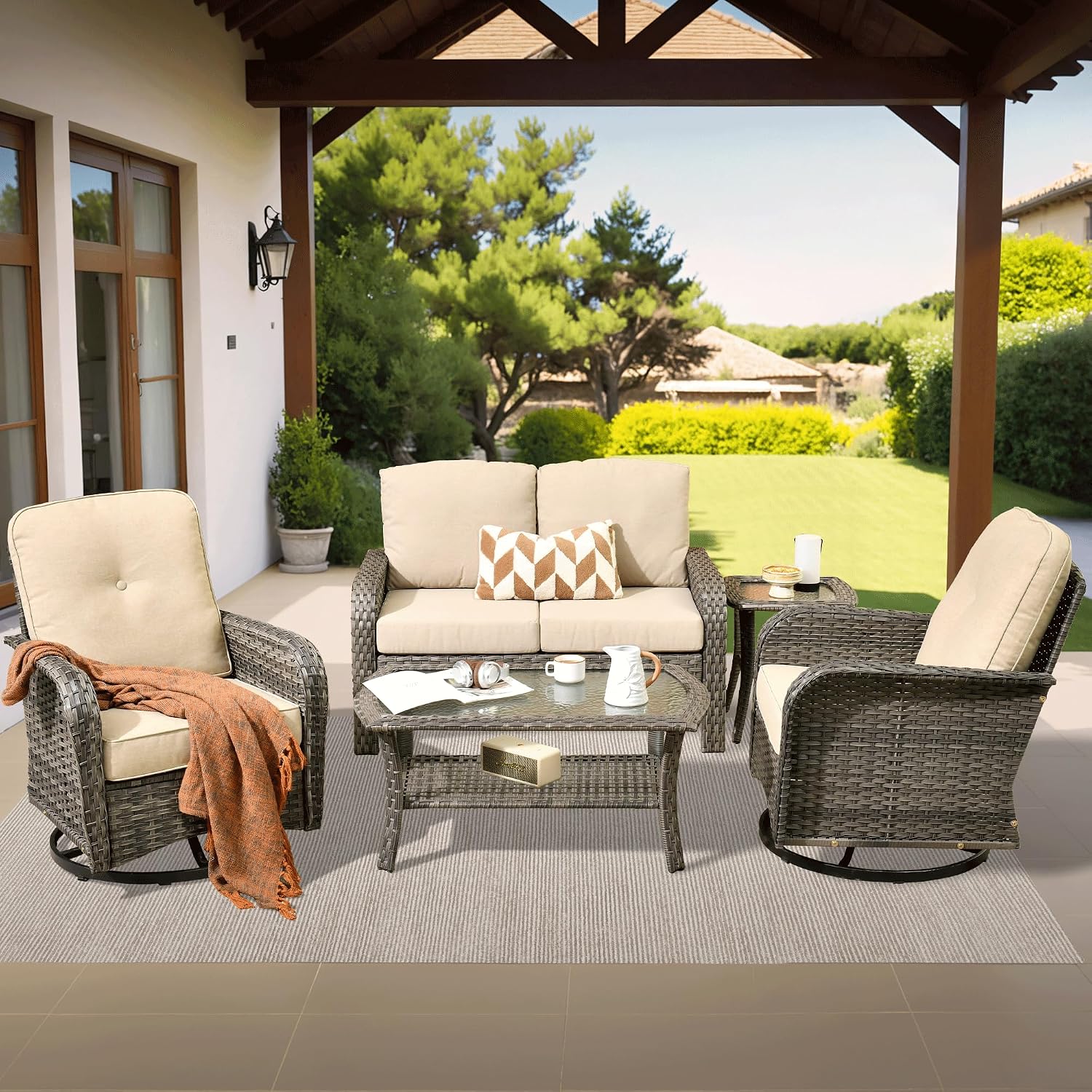 ovios 5-Piece Patio Furniture Set, Outdoor Wicker Sofa with Swivel Chairs Coffee Table, High Back Rattan Couch Loveseat with Comfy Cushions for Porch Yard Deck, Beige