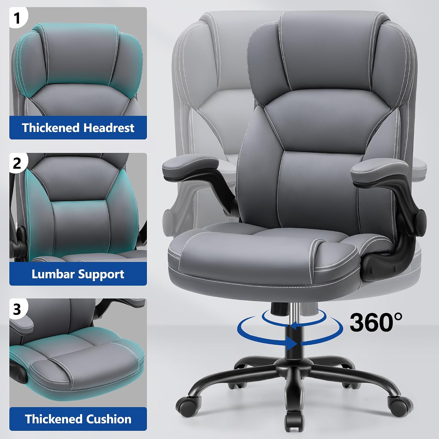 PU Leather Executive Office Chair, Ergonomic High-Back Computer & Gaming Chair with Adjustable Height, Rolling Swivel & Flip-Up Armrests, Comfy Padded Seat for Home Office-Gray