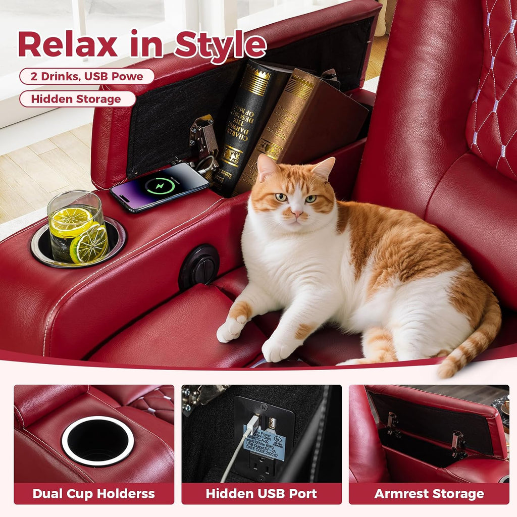 ANJ Power Recliner Chair with USB Ports and Cup Holders - Overstuffed Electric Home Theater Seating PU Leather Reclining Furniture with Hidden Arm Storage, Easy to Clean (Red)