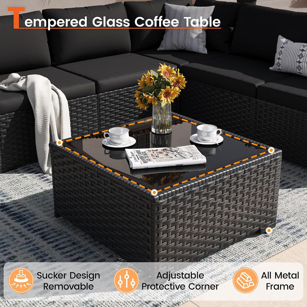Patio Furniture Set, 7-Piece Outdoor Sectional All-Weather Wicker Patio Conversation Set for Backyard, Poolside, Garden, Black