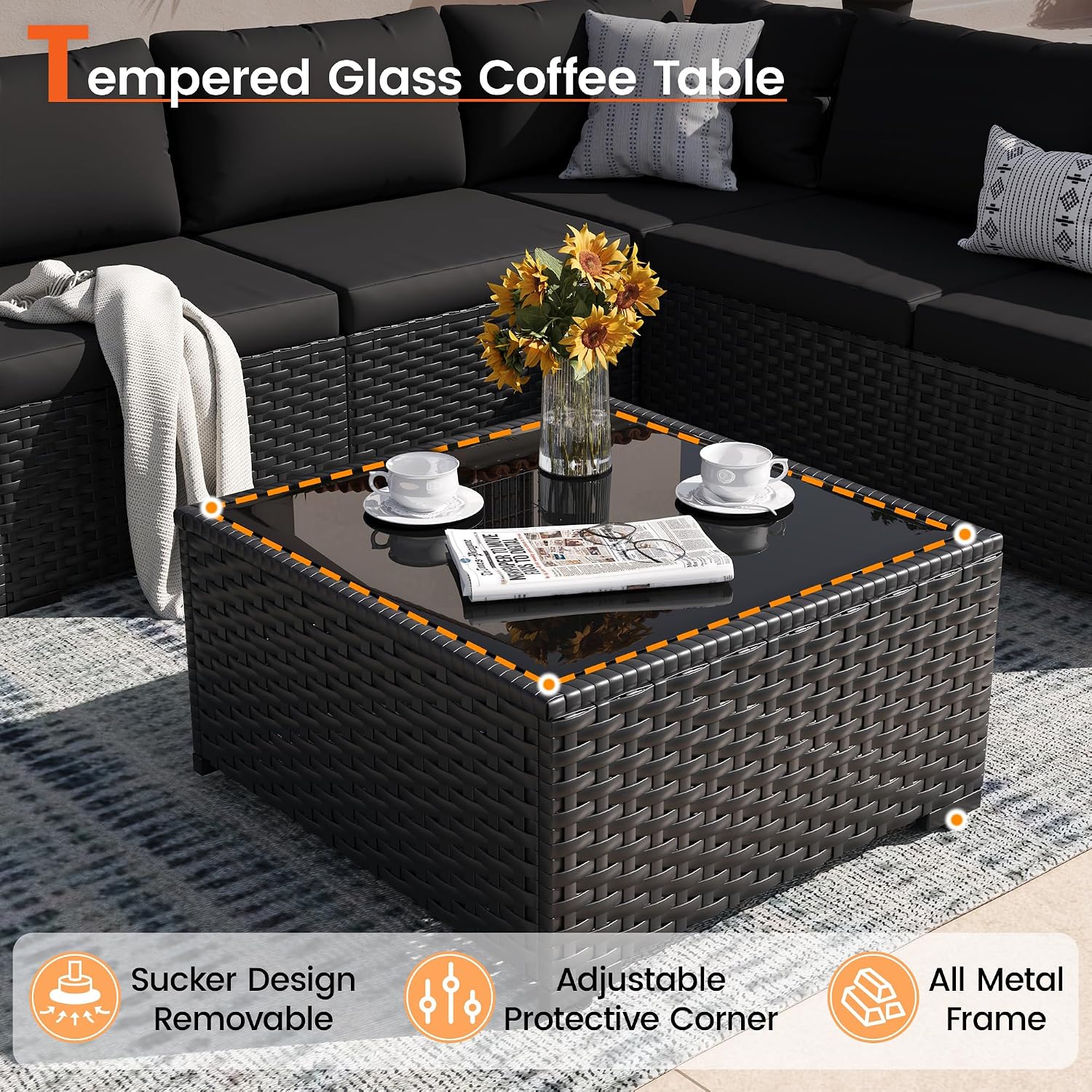 Patio Furniture Set, 7-Piece Outdoor Sectional All-Weather Wicker Patio Conversation Set for Backyard, Poolside, Garden, Black