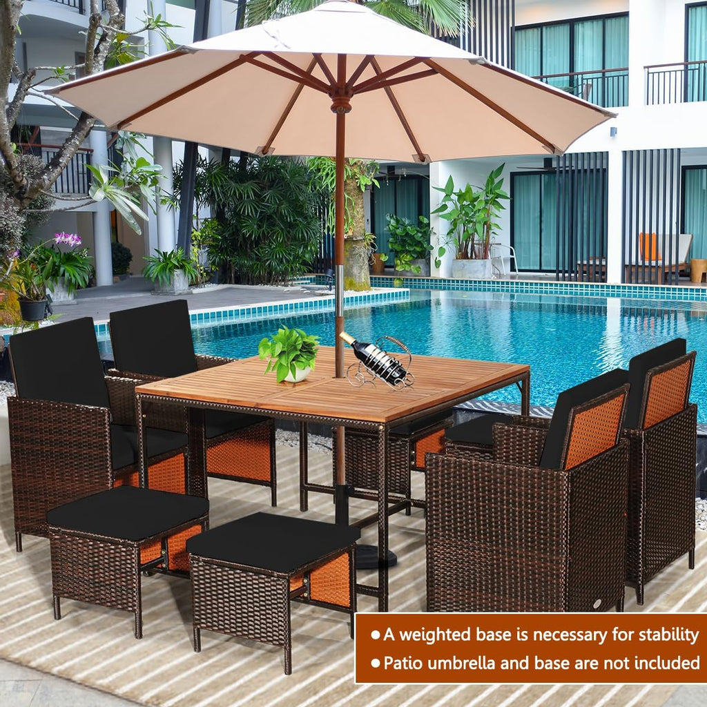 Tangkula 9 Pieces Acacia Wood Patio Dining Set, Space Saving Wicker Chairs and Wood Table with Umbrella Hole Outdoor Furniture Set, Suitable for Garden, Yard, Poolside, Outdoor Seating Set (Black)