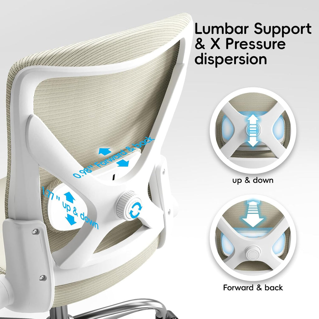 Ergalithic Office Home Ergonomic Desk Chair-Computer X-Shaped Chair Mesh PU Leather with Adjustable Lumbar Support-Executive Chair High Back Flip-Up Arms for Long Hours (Beige-No Headrest)