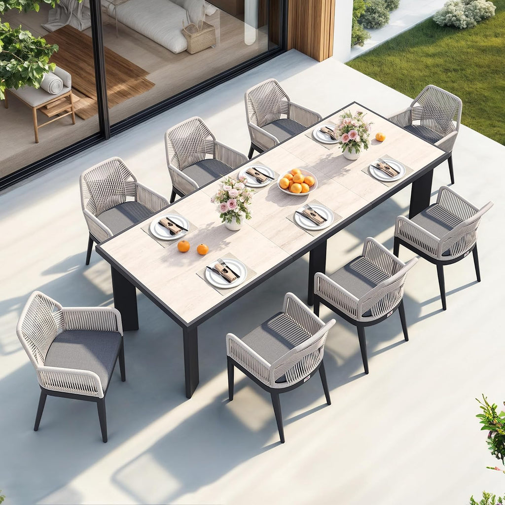 PURPLE LEAF 9 Pieces Patio Dining Set Aluminum Modern Rectangular Table and Rattan Arm Chairs with Cushions for Kitchen Porch Garden Outdoor Furniture Sets, Beige and Dark Grey