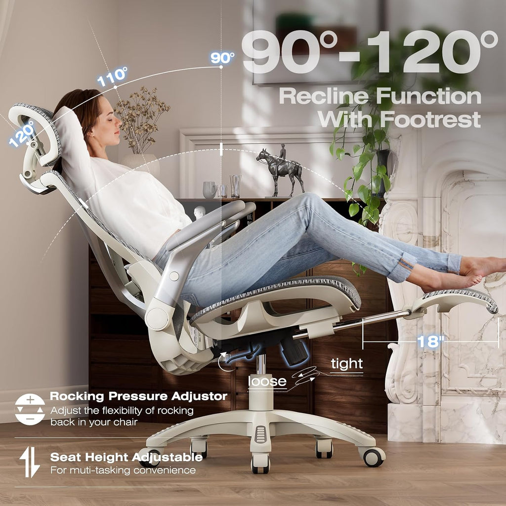 ELABEST X100 Ergonomic Mesh Office Chair with Footrest, Big and Tall Hone Desk Chair with 5D Flip-Up Arms, Adjustable 3D Lumbar Support,Gaming & Executive Computer Chairs (First Light)