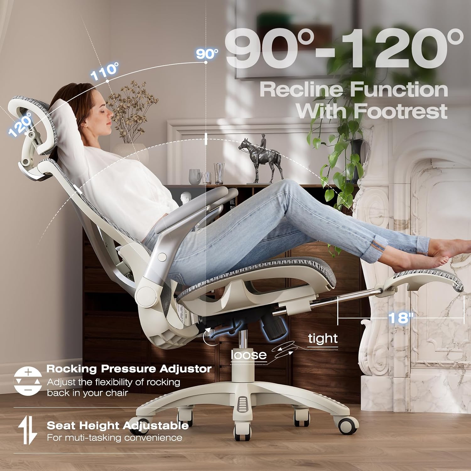 ELABEST X100 Ergonomic Mesh Office Chair with Footrest, Big and Tall Hone Desk Chair with 5D Flip-Up Arms, Adjustable 3D Lumbar Support,Gaming & Executive Computer Chairs (First Light)
