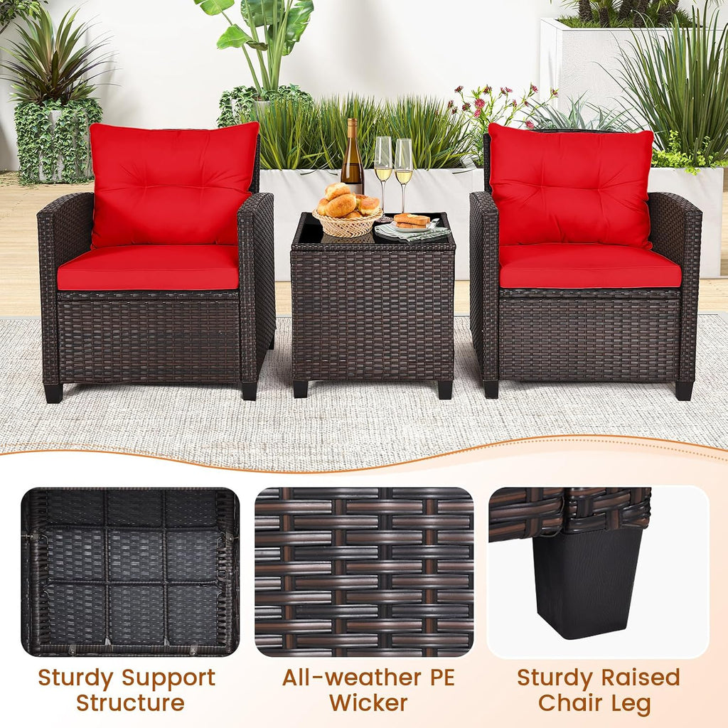 ORALNER 3 Pieces Patio Furniture Set, Outdoor Wicker Conversation Set Rattan Chairs with Cushions, Glass Coffee Table, Bistro Set for Front Porch Balcony Garden Deck Poolside (Red)