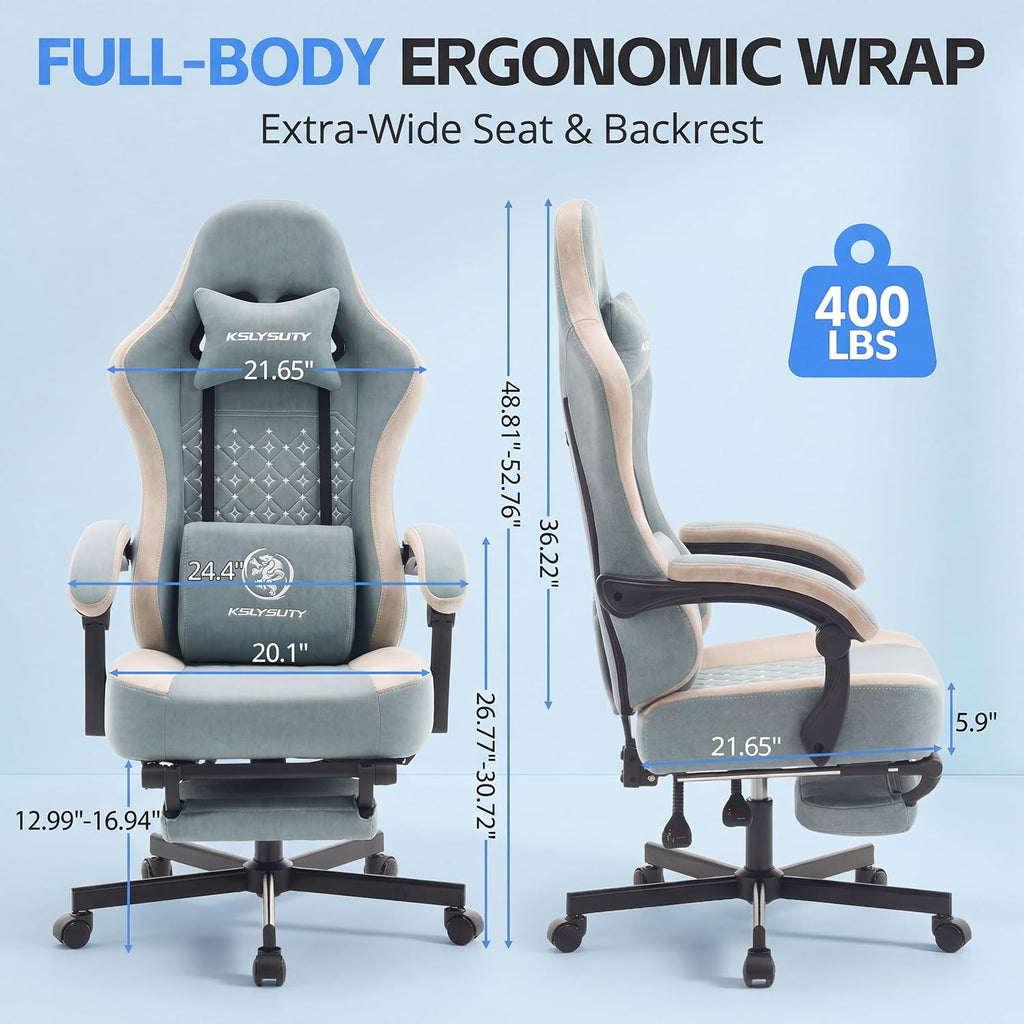 Gaming Chair Breathable Fabric with Pocket Spring Cushion, Wide and High Ergonomic Office Chair with Headrest, Computer Gaming Chair with Footrest for Adult and Teen (Blue Fabric)