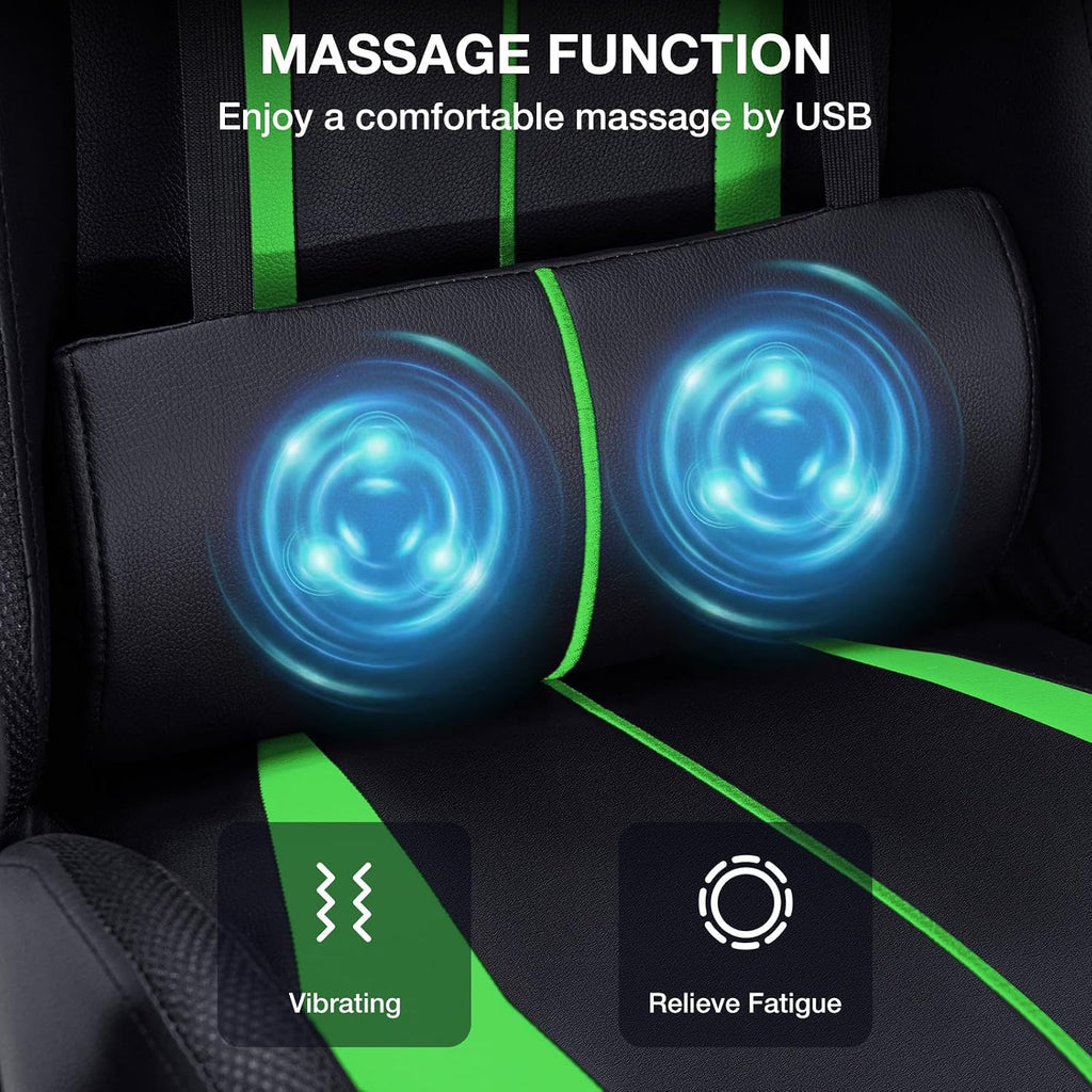 HOFFREE Gaming Chair with LED RGB Lights with Massage and Footrest Ergonomic Computer Chair High Back Video Game Chair with Adjustable Lumbar Support Linkage Armrest Green and Black