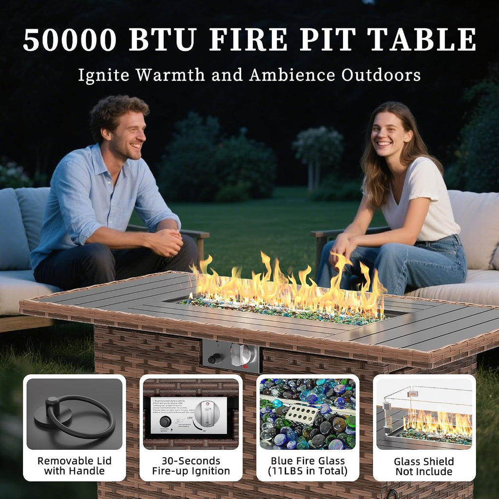 UDPATIO Patio Furniture Set with Fire Pit Table and Swivel Rocking Chairs, 5 Pieces Outdoor Wicker Furniture Set with Waterproof Cover, 4'' Thickened Cushion, Khaki