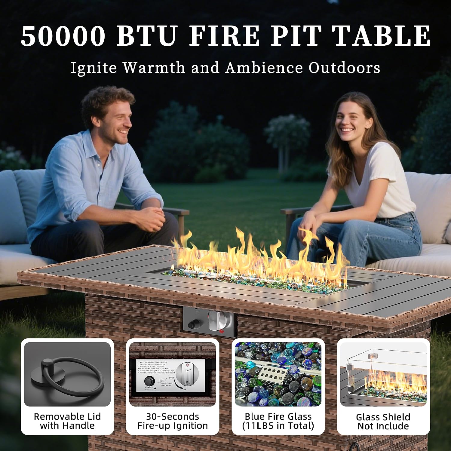 UDPATIO Patio Furniture Set with Fire Pit Table and Swivel Rocking Chairs, 5 Pieces Outdoor Wicker Furniture Set with Waterproof Cover, 4'' Thickened Cushion, Khaki