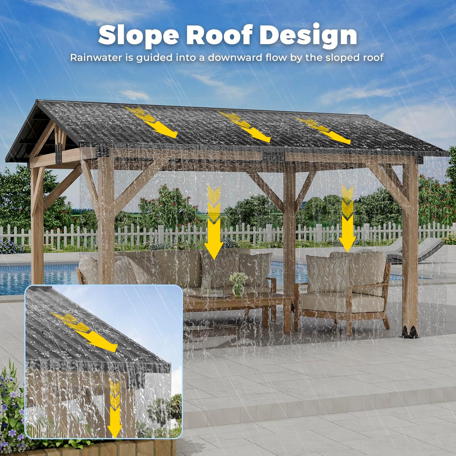 LVUYOYO 11' x 13' Wood Gazebo, Outdoor Hardtop Gazebo, Galvanized Steel Gable Roof Pergola, Outdoor Pavilion for Patio, Backyard, Garden, Deck