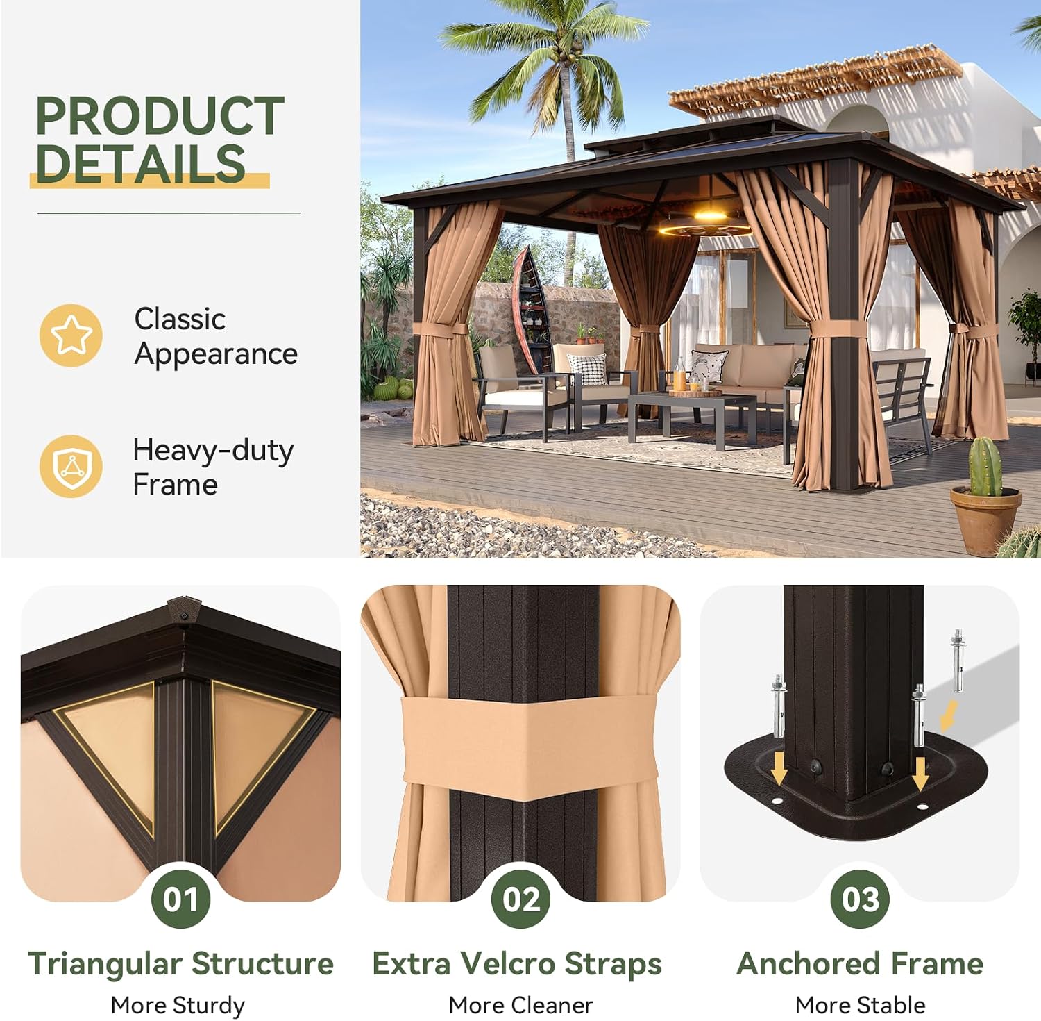 Aoxun 12'x10' Hardtop Gazebo, Aluminum Frame Permanent Pavilion with Curtains and Netting, Outdoor Polycarbonate Double Roof Canopy, Designed for Garden, Lawns, Patio, Brown