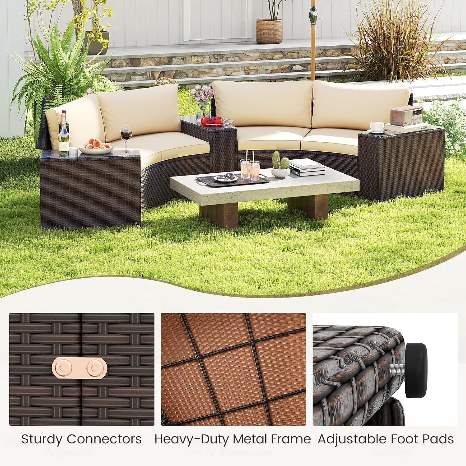 Tangkula 5 Pieces Patio Furniture Set, PE Rattan Half-Moon Curved Sectional Sofas with Tempered Glass Top Side Tables, Outdoor Conversation Set for Porch, Backyard & Poolside (Beige) | Breathable material