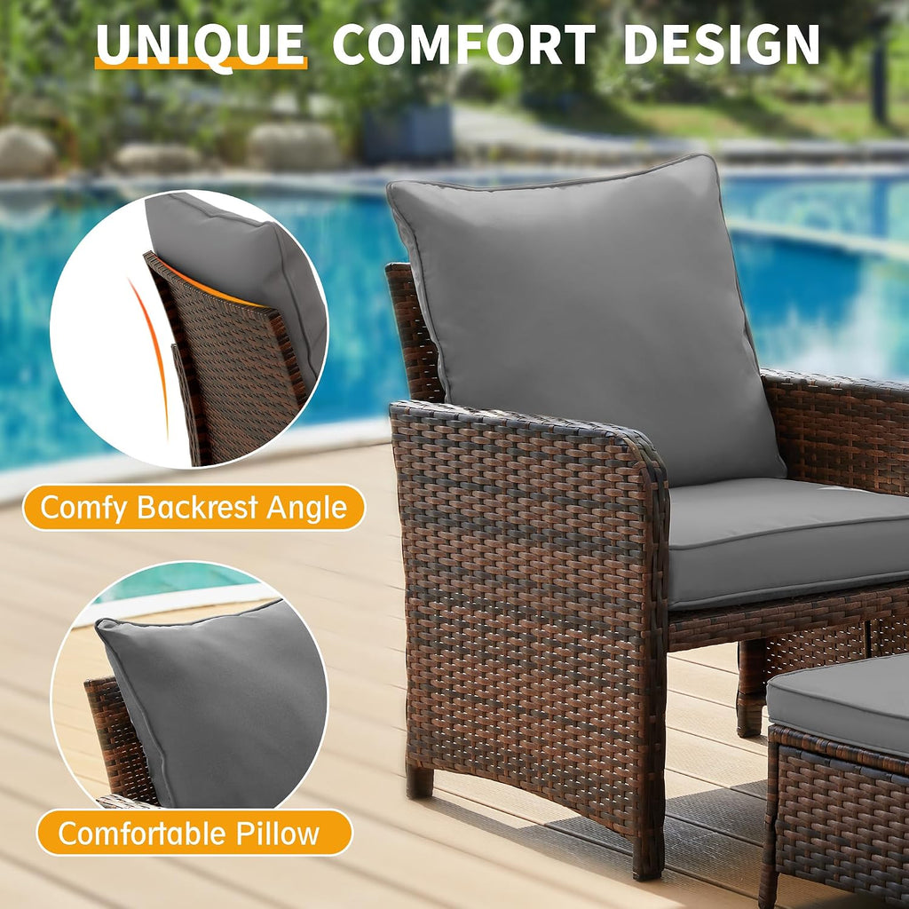 UDPATIO Balcony Furniture Patio Chairs with Ottoman, 5 Piece Wicker Patio Furniture Set with Footrest for Front Porch Small Space