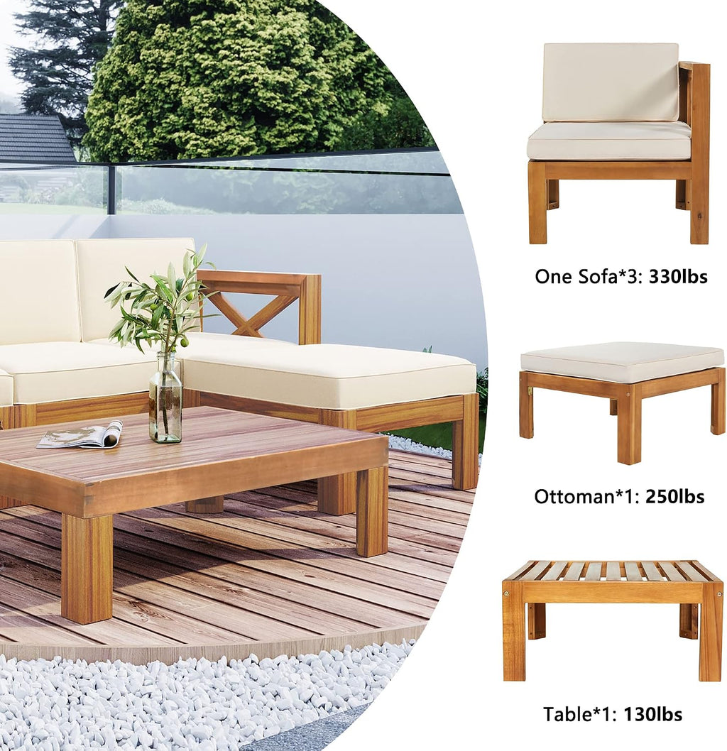 Upgrade Acacia Wood Outdoor Patio Sectional Sofa Set, 5-Piece All-Weather Conversation Sofa Set with Cushions and Side Coffee Table for Balcony Garden Backyard Poolside (Beige-UP)