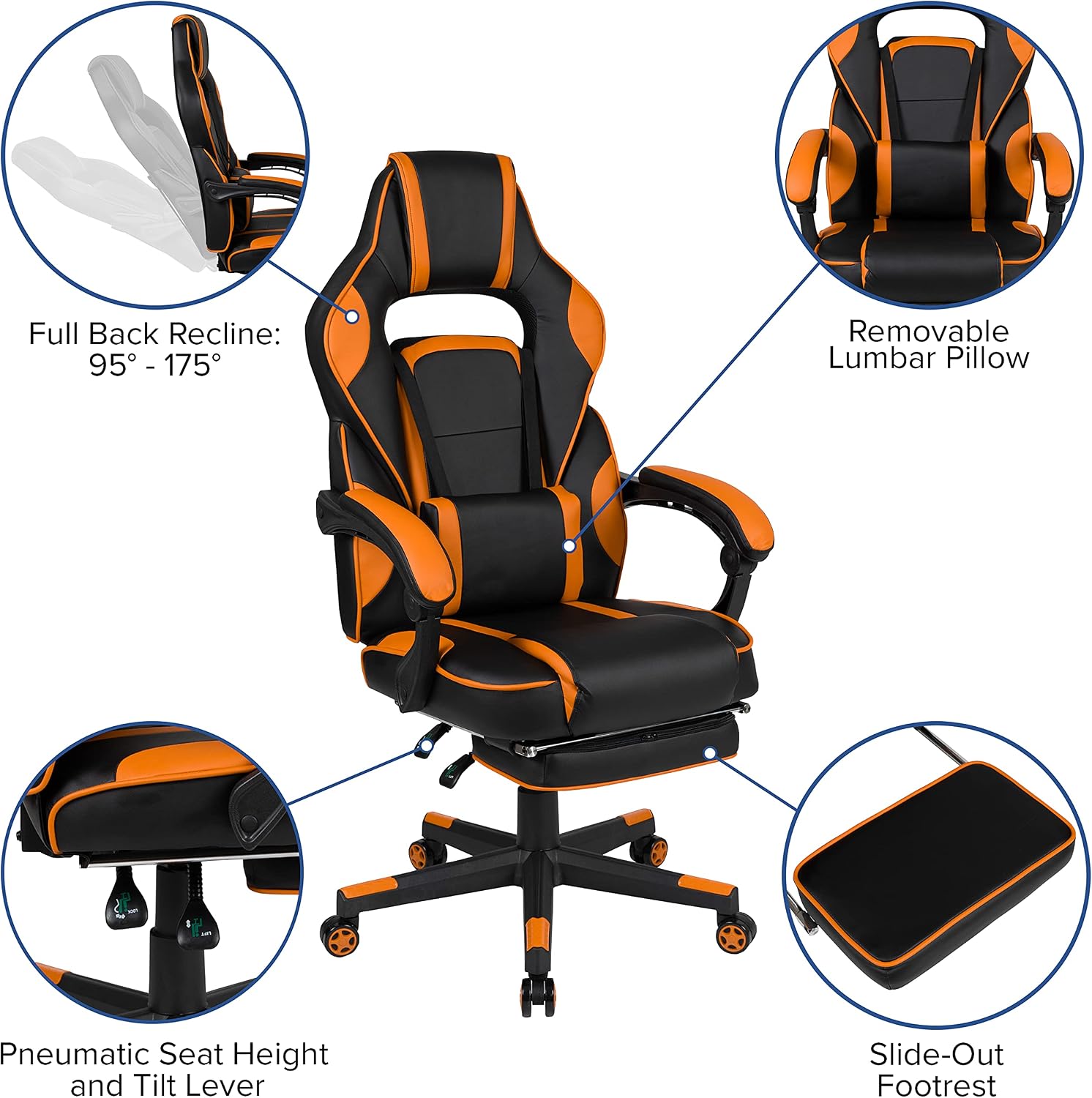 EMMA + OLIVER Black/Orange Ergonomic Gaming Chair -Recline Back/Arms, Footrest, Massaging Lumbar
