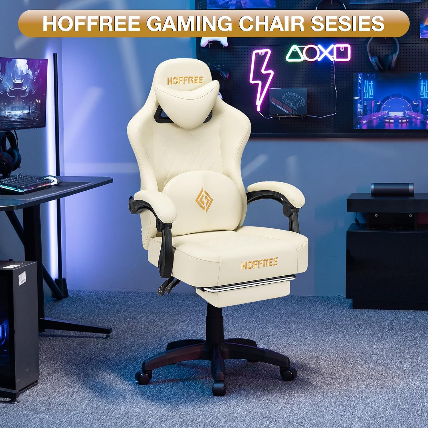 HOFFREE Gaming Chair Computer Chair with Speakers Massage Game Chairs with Footrest Bluetooth High Back Ergonomic Computer Gaming Chairs for Adults Reclining Video Gamer Chair Ivory