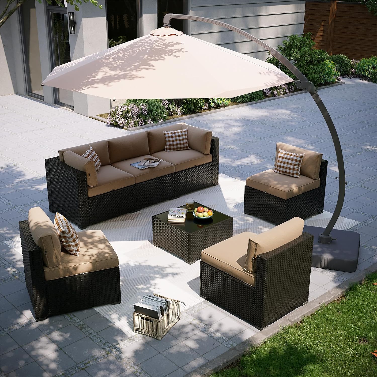 Aoxun Patio Furniture Set with Umbrella, 8 Piece Outdoor Sectional Sofas, Wicker Rattan Outdoor Furniture with Thickened Cushion for Backyard, Garden Beige