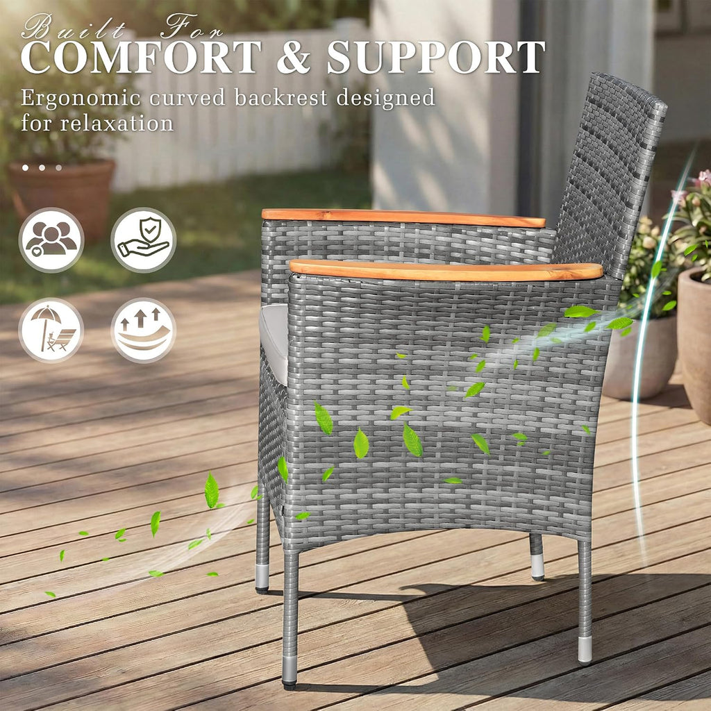 Devoko Outdoor Patio Dining Sets 9 Pieces Wicker Outdoor Dining Table and Chairs Set with Acacia Wood Table Top and Widened Armrests for Backyard, Garden, Deck (Grey)