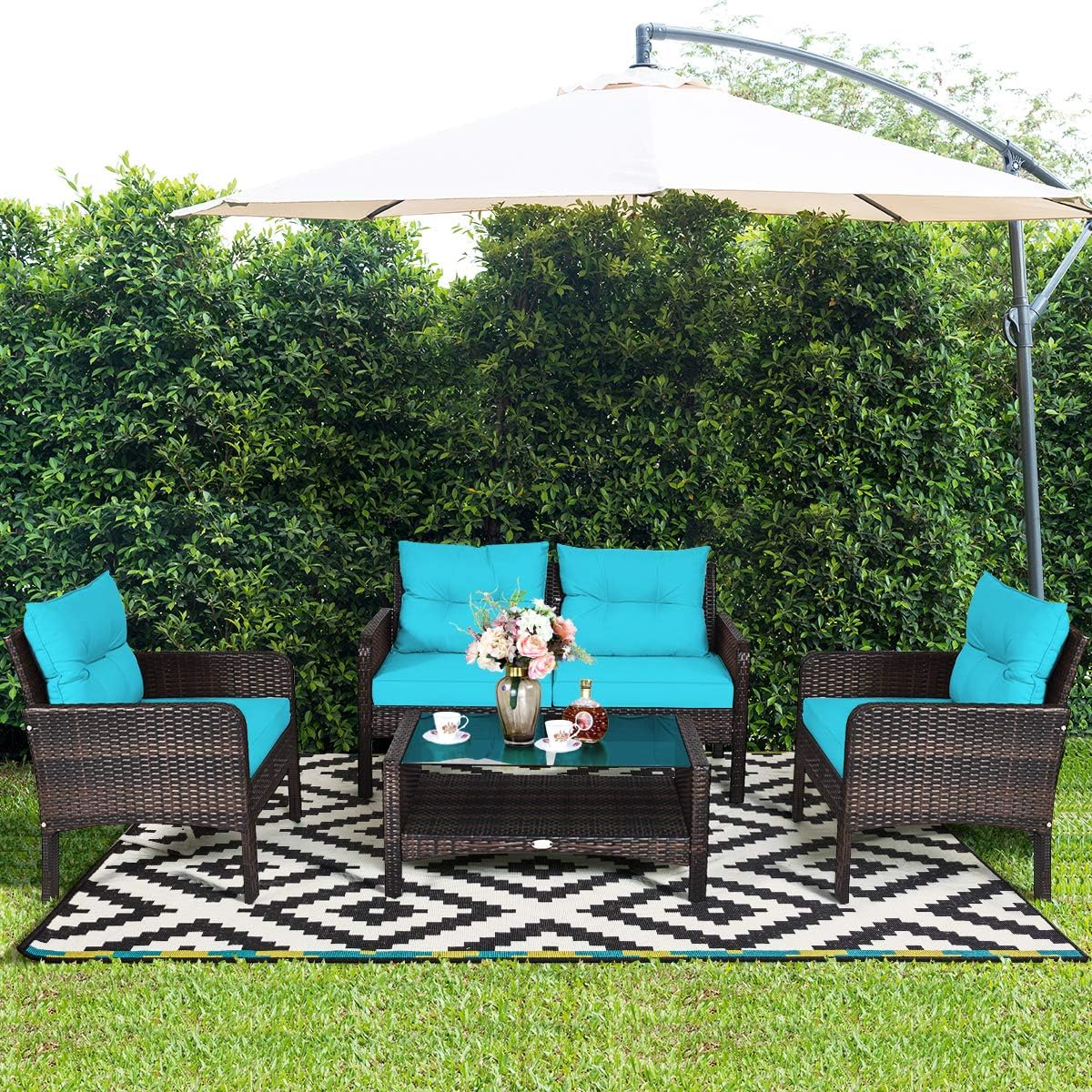 COSTWAY 4-Piece Patio Furniture Set, Sectional Wicker Rattan Sofa Chair with Cushion, Loveseat, Coffee Table with Tempered Glass and Shelf, Outdoor Conversation Sets for Poolside Porch (Turquoise)
