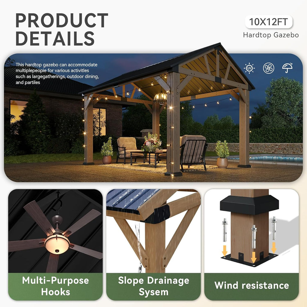Aoxun 12' x 10' Outdoor Wood Gazebo, Hardtop Gazebo Permanent Wooden Pavilion with Gable Galvanized Steel Roof, for Patio, Garden, Backyard(Nature)