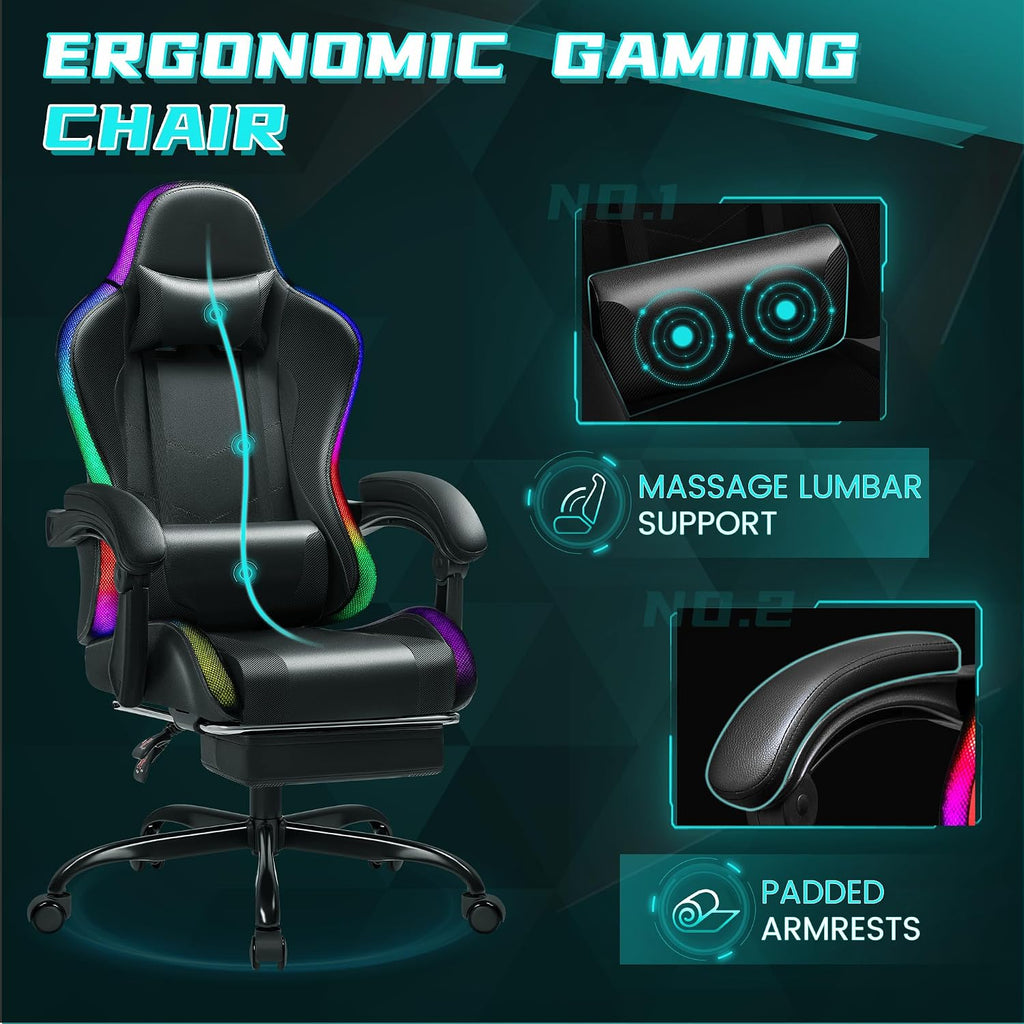 Gaming Chair with RGB, Computer Gaming Chairs with LED Lights and Footrest for Home, Office, Black