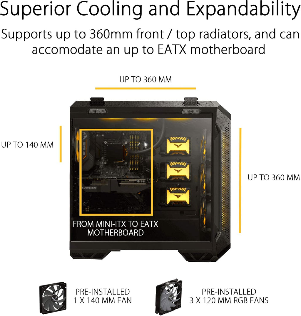 ASUS TUF Gaming GT501 Mid-Tower Gaming Case, EATX Support, Pre-Installed 4 Case Fans, USB 3.0 Front Panel, Smoked Tempered Glass, Steel Construction