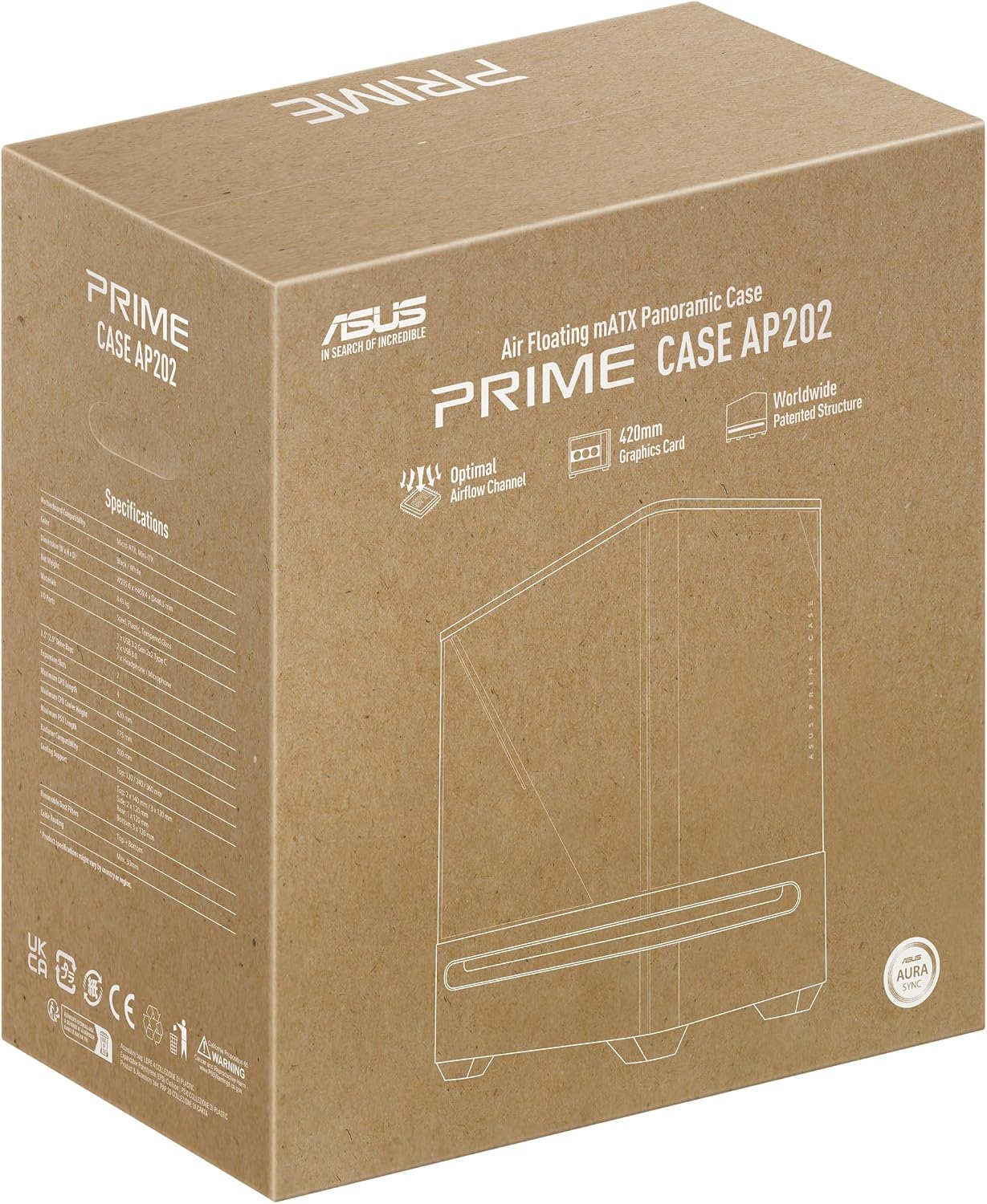 ASUS Prime AP202 ARGB Black mATX pc case with Fully Tempered Curved Glass, Supports Graphics Cards up to 420mm Long, 360mm Long radiators, Easy-Detach Rail, Patented Slot Vent, 3 Built-in ARGB Fans