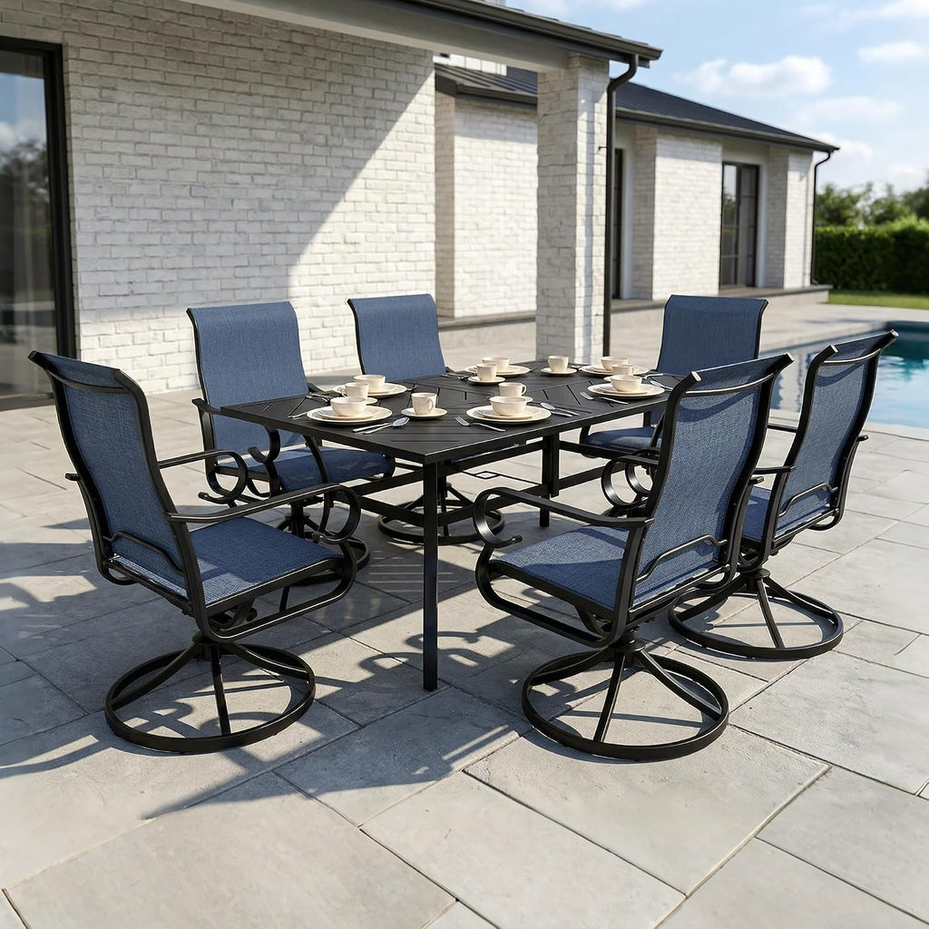 NUU GARDEN 7-Piece Outdoor Dining Set, Outdoor Table and Chair Set with Umbrella Hole, Breathable Textilene Dining Table Set, All Weather Outdoor Table and Chairs for 6, Swivel Design, Blue